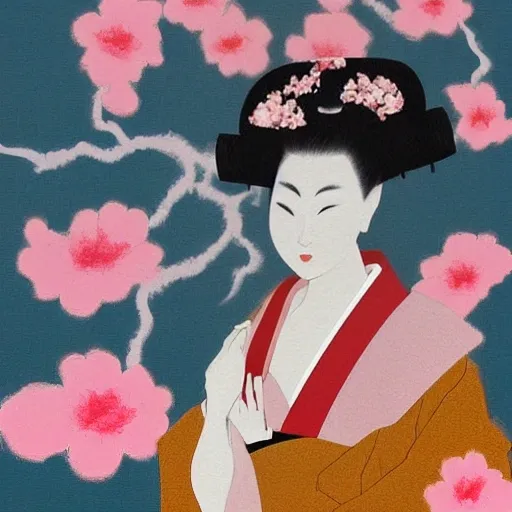 I am looking for a tattoo design that represents a Japanese Geisha with a more artistic and less photographic style. I would like her black hair to frame her face in an elegant way, with a touch of loose and energetic strokes that give it a more drawn appearance. The gathered bun would be adorned with sakura flowers in shades of pink and white, with curved lines and subtle brushstrokes to enhance her beauty and femininity.

The Geisha would hold a fan in one of her hands, featuring a unique design from that era, where fluid strokes and symbolic elements are depicted in a stylized manner. Her small nose and delicate facial features would be softly sketched, with loose lines and gentle shadows to accentuate her elegance.

The sensual kimono she wears would have a vibrant and colorful pattern, but with a more stylized and graphic approach. The red and gold tones would harmoniously combine, with geometric or floral lines that convey movement and dynamism. The aim is to highlight the sensuality and sophistication of the Geisha, without resorting to photographic realism.

In the background of the design, a delightful landscape of blooming sakura would unfold, but treated in a more stylized manner. The sakura tree would display graceful and curved branches, filled with pink and white flowers, some of which gently fall to the ground. Artistic details could also be added here, such as loose lines and brushstrokes suggesting the movement of the wind or the delicacy of the petals.

The contrast between the vibrant kimono and the soft colors of the flowers would be emphasized with an artistic approach, using expressive lines, subtle textures, and a balanced composition. The goal is to achieve a captivating visual effect, where the beauty and elegance of the Geisha are artistically and uniquely appreciated, avoiding a photographic representation