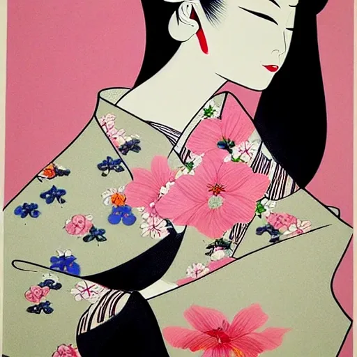 I am looking for a tattoo design that represents a Japanese Geisha. I would like her black hair to frame her face in an elegant way, with a touch of loose and energetic strokes that give it a more drawn appearance. The gathered bun would be adorned with sakura flowers in shades of pink and white, with curved lines and subtle brushstrokes to enhance her beauty and femininity.

The Geisha would hold a fan in one of her hands, featuring a unique design from that era, where fluid strokes and symbolic elements are depicted in a stylized manner. Her small nose and delicate facial features would be softly sketched, with loose lines and gentle shadows to accentuate her elegance.

The sensual kimono she wears would have a vibrant and colorful pattern, but with a more stylized and graphic approach. The red and gold tones would harmoniously combine, with geometric or floral lines that convey movement and dynamism. The aim is to highlight the sensuality and sophistication of the Geisha, without resorting to photographic realism.

In the background of the design, a delightful landscape of blooming sakura would unfold, but treated in a more stylized manner. The sakura tree would display graceful and curved branches, filled with pink and white flowers, some of which gently fall to the ground. Artistic details could also be added here, such as loose lines and brushstrokes suggesting the movement of the wind or the delicacy of the petals.

The contrast between the vibrant kimono and the soft colors of the flowers would be emphasized with an artistic approach, using expressive lines, subtle textures, and a balanced composition. The goal is to achieve a captivating visual effect, where the beauty and elegance of the Geisha are artistically and uniquely appreciated, avoiding a photographic representation