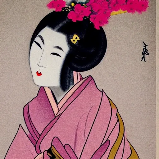 I am looking for a tattoo design that represents a Geisha. I would like her black hair to frame her face in an elegant way, with a touch of loose and energetic strokes that give it a more drawn appearance. The gathered bun would be adorned with sakura flowers in shades of pink and white, with curved lines and subtle brushstrokes to enhance her beauty and femininity.

The Geisha would hold a fan in one of her hands, featuring a unique design from that era, where fluid strokes and symbolic elements are depicted in a stylized manner. Her small nose and delicate facial features would be softly sketched, with loose lines and gentle shadows to accentuate her elegance.

The sensual kimono she wears would have a vibrant and colorful pattern, but with a more stylized and graphic approach. The red and gold tones would harmoniously combine, with geometric or floral lines that convey movement and dynamism. The aim is to highlight the sensuality and sophistication of the Geisha, without resorting to photographic realism.

In the background of the design, a delightful landscape of blooming sakura would unfold, but treated in a more stylized manner. The sakura tree would display graceful and curved branches, filled with pink and white flowers, some of which gently fall to the ground. Artistic details could also be added here, such as loose lines and brushstrokes suggesting the movement of the wind or the delicacy of the petals.

The contrast between the vibrant kimono and the soft colors of the flowers would be emphasized with an artistic approach, using expressive lines, subtle textures, and a balanced composition. The goal is to achieve a captivating visual effect, where the beauty and elegance of the Geisha are artistically and uniquely appreciated, avoiding a photographic representation