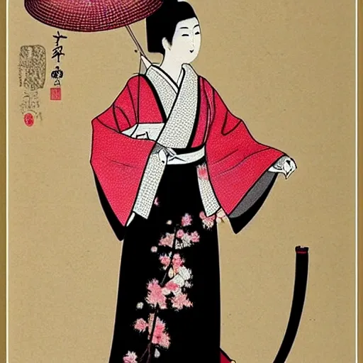 I'm looking for a realistic tattoo design depicting a Japanese Geisha. I'd like her black hair to elegantly frame her face, with a decorated bun adorned with pink and white sakura flowers. The design should capture the intricate details of the hairstyle and flowers, creating a lifelike representation.

The Geisha would hold a fan in one hand and a katana in the other, with a design that accurately depicts the historical elements and features realistic textures and shading. Her facial features, including her small nose and delicate facial structure, would be depicted with precision to convey a sense of realism and beauty.

The kimono she wears would have a form-fitting silhouette and short sleeves, showcasing the patterns and colors of traditional Geisha attire. The design should capture the fine details of the fabric, with accurate shading and textures to create a realistic appearance.

In the background, a captivating landscape of blooming sakura trees would be depicted, with attention to detail in the branches, blossoms, and falling petals. The colors should be vibrant and true to life, creating a visually stunning backdrop for the Geisha.

The overall design aims to achieve a high level of realism, capturing the intricate details and nuances of a Japanese Geisha. It should showcase the beauty and elegance of the subject in a lifelike manner, appealing to those seeking a realistic representation in their tattoo.