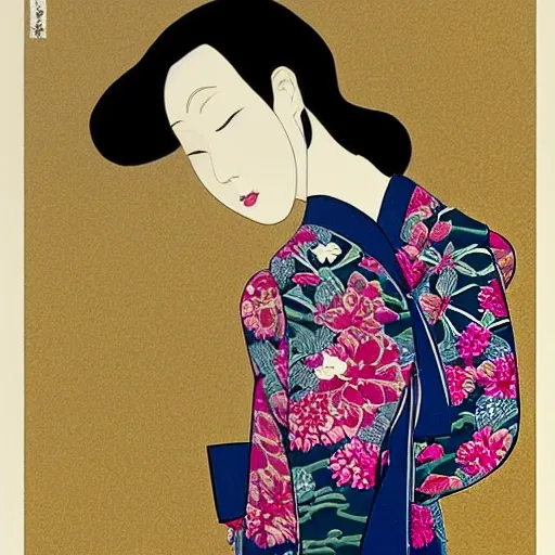 The design features a young Japanese woman with a contemporary and sensual style. Her black hair falls gracefully over her shoulders, framing her face. Her face reflects the characteristic beauty of young Japanese models and singers today. She has expressive eyes and soft lips that suggest charm and mystery.

The young woman wears a kimono with short sleeves, fitted to her body, resembling a modern dress. The kimono showcases a deep neckline, enhancing her figure and emphasizing her sensuality. The predominant colors in the design are a range of reds and pinks, evoking passion and femininity.

To add a touch of mystery, she wears a sensual mask in one hand, covering half of her face. The mask can have intricate and elegant details, highlighting her beauty and enigmatic allure.

In her other hand, she holds a katana, a symbol of power and bravery. The katana is depicted with precise details, showcasing its curved shape and adorned hilt.

The design emphasizes the young woman's figure, which is slender with soft and feminine curves. It aims to capture the sensuality and elegance of a confident woman.

The background of the design can be minimalist or incorporate stylized Japanese symbolic elements, such as blooming sakuras or subtle lines that evoke nature.