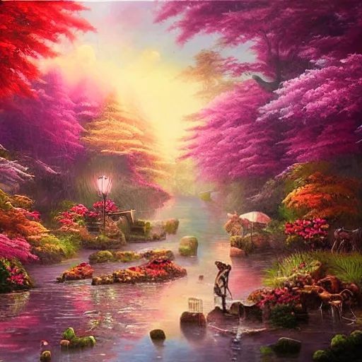 a beautiful fantasy scene by yuumei art , Oil Painting