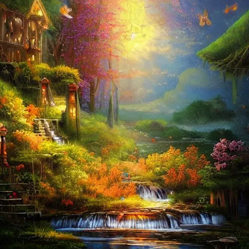 a beautiful fantasy scene by yuumei art , Oil Painting, Water Color, 3D, Oil Painting