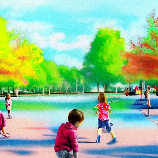 Children playing in the park
Description: Create a realistic image of children playing in a park next to a lake in a street painting style. The image must be in high resolution and in HD 16K format. Special attention should be paid to details so that the image is as realistic as possible. Also, the image should have an urban and artistic look, using spray painting techniques to give a vibrant feel. The style of the image should be in line with a street painting technique, but it should also be faithful to the details of the park and the lake.