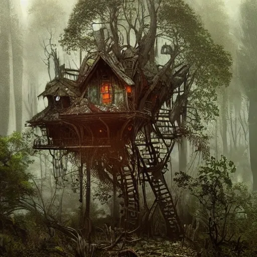 dilapidated, abandoned, broken baba yaga treehouse, in the depths of an eerie forest, tucked within the witchwood forest, overgrown, detailed intricate atmosphere, hd, 4k, digital art, concept art, by greg rutkowski, by loish, complementing colors, Trending on artstation, deviantart beksinski, giger, 3D