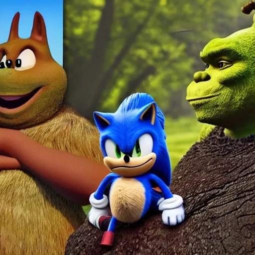 sonic the hedgehog and shrek sitting on a log with Donkey - Arthub.ai