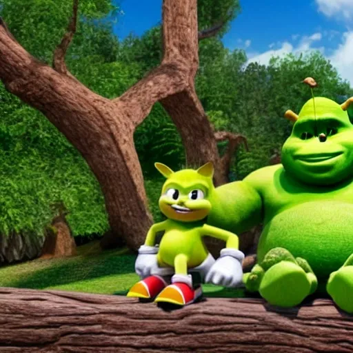 sonic the hedgehog and shrek sitting on a log with Donkey, 3D