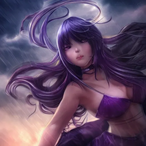 best quality, masterpiece,highly detailed,semi-realistic,1girl,upper body,raiden shogun,(ulzzang-6500-v1.1:0.5),large breasts,perfect face,glowing eyes,long hair,purple hair,hair ornament,lightning in sky,night sky,ancient building in background,depth of field,looking at viewer,