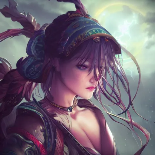 best quality, masterpiece,highly detailed,semi-realistic,1girl,upper body,raiden shogun,(ulzzang-6500-v1.1:0.5),large breasts,perfect face,glowing eyes,long hair,purple hair,hair ornament,lightning in sky,night sky,ancient building in background,depth of field,looking at viewer,