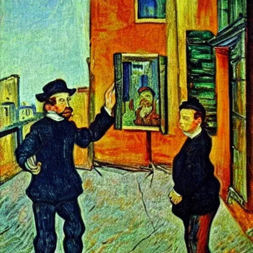 , Oil Painting, van Gough style, two friends in a city