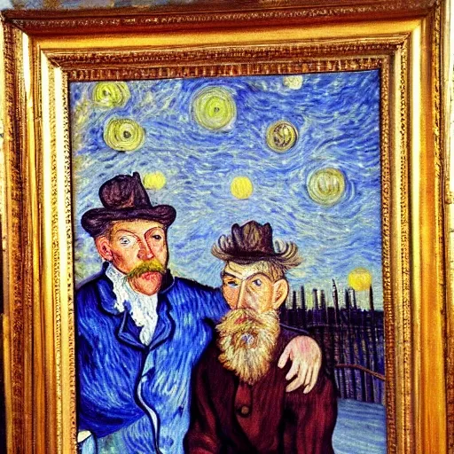 , Oil Painting, van Gough style, two friends in a modern city