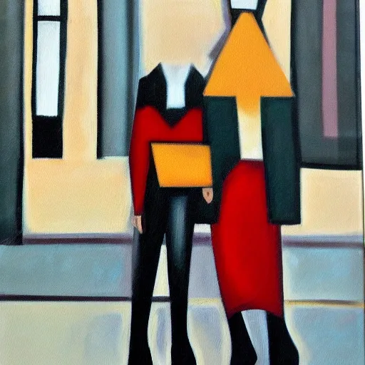 , Oil Painting, post modern style, two friends in a modern city