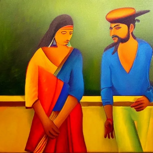 , Oil Painting, post modern style, two friends in a modern city, Indian city jaipur, landscape view 