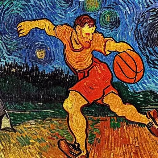 , van gogh style ，a man playing basketball