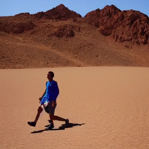 in the middle of the desert, looking a person walking convinced to get the next goal. He is shining.