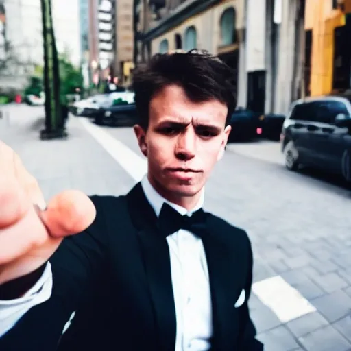 man wearing tuxedo sit on the street with bruises, injuries and blood with a front camera perspective and a little away, like a movie poster