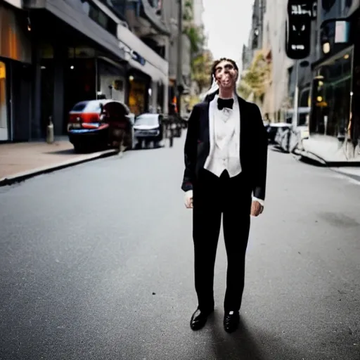 man wearing tuxedo thrown away on the street with bruises, injuries and blood with a front camera perspective and a little away, like a movie poster