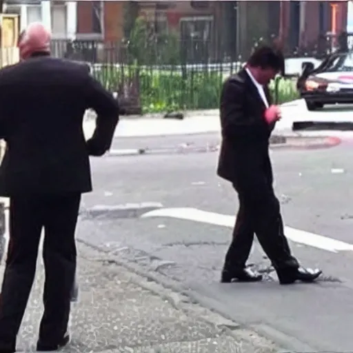 man dressed in tuxedo lying on the street beaten and bloody