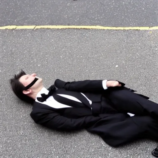 man dressed in tuxedo lying on the street beaten and bloody