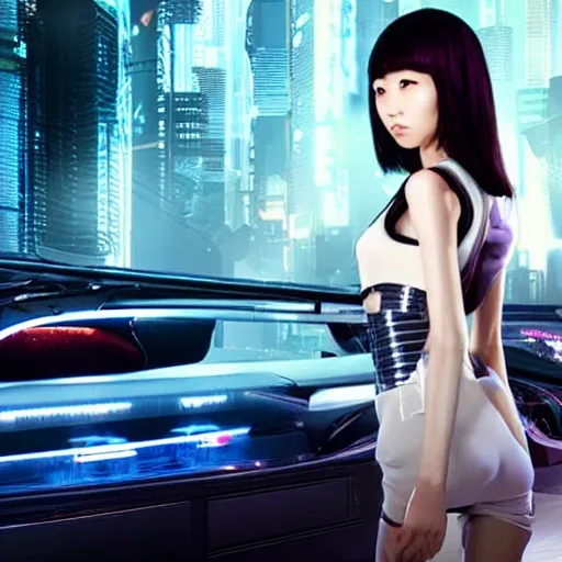 Japanese woman with thin features, in a cyberpunk outfit next to a futuristic car and advertisements