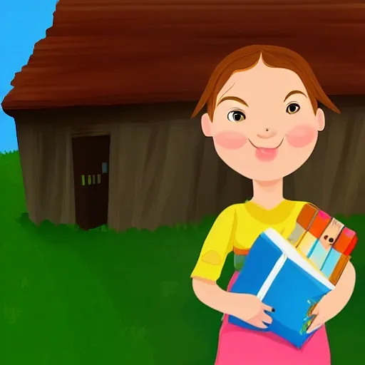 Emily, a curious and adventurous young girl living in a small village., Cartoon with village background
