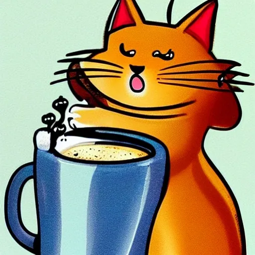 , Cartoon Cute cat with a mug of coffee
