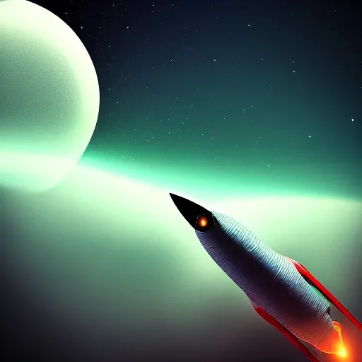 Rocket Flying In The Dark To A Planet In The Distance In A Fantasy Realistic Style. As if you where looking from inside the rocket to the outside.
 The Image Should Have A Combination Of These Colors And Only These Colors: #000000, #FF6600, #FFFFFF, #00FFFF
, 3D