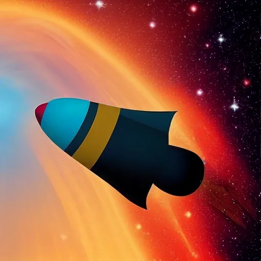 A realistic rocket flying in space going to a planet. The rocket looks similar to the human driven rocket. It's navigating through space and you can see little stars in the distance and a big planet where the rocket is going to. The Image Should Have A Combination Of These Colors And Only These Colors: #000000, #FF6600, #FFFFFF, #00FFFF