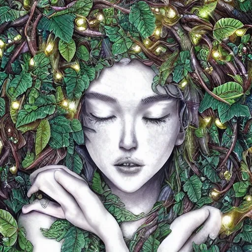 (masterpiece, top quality, best quality, official art, beautiful and aesthetic:1.2), (1girl), tree girl, hair made of vines, (perfect face), (night:1.3), extremely detailed, (fractal art:1.2), ((ultra realistic details)), highest detailed, shadows, intricate, facing camera, (short curly green hair), dress made of vines, glowing eyes, wooden body, wooden limbs, branches, roots, vines, spriggan, forest creature, leaves, forest, full body, green skin, person made of plants, colorful, goddess, ((fireflies)), Pencil Sketch