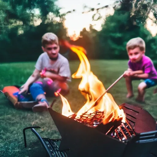 Backyard, fire, kids playing, evening, bbq