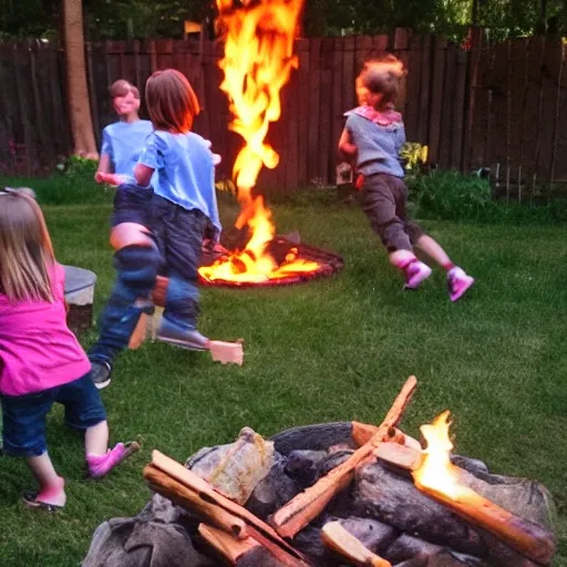 Backyard, fire, kids playing, evening, bbq