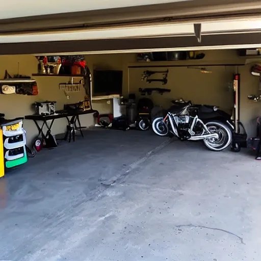 Garage, workshop, motorcycle, trucks, tv, beers, fridge