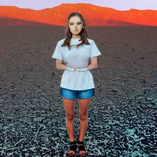 hyper realistic girl standing in desert
, Trippy