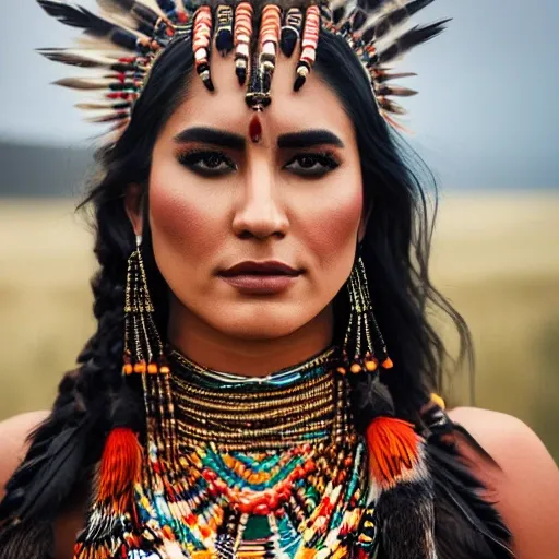 full body portrait photograph of Paulina Gaitán, young beautiful native american woman, perfect symmetrical face, feather jewelry, traditional handmade dress, armed female hunter warrior, (((wild west))) environment, Tundra landscape, ultra realistic, concept art, elegant, ((intricate)), ((highly detailed)), depth of field, ((professionally color graded)), 8k, 4k, clean, realistic face, realistic eyes, highest quality, realistic hands, masterpiece, NSFW, five fingers