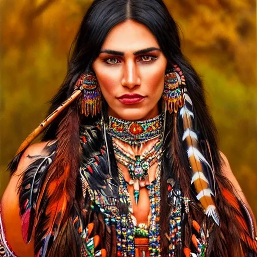 full body portrait photograph of Angelina Jolie as Pocahontas, young beautiful native american woman, perfect symmetrical face, feather jewelry, traditional handmade dress, armed female hunter warrior, (((wild west))) environment, Utah landscape, ultra realistic, concept art, elegant, ((intricate)), ((highly detailed)), depth of field, ((professionally color graded)), 8k, art by artgerm and greg rutkowski and alphonse mucha, 4k, clean, realistic face, realistic eyes, highest quality, realistic hands, masterpiece, NSFW, five fingers