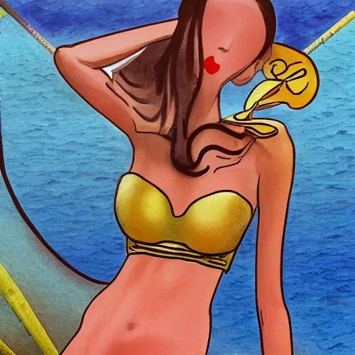A Japanese S-shaped figure with a 43-inch long-legged big-breasted beauty, wearing a super golden three-point strapless silk bra, taking a photo at the seaside, Trippy, Cartoon, 3D, Pencil Sketch, Water Color, Oil Painting