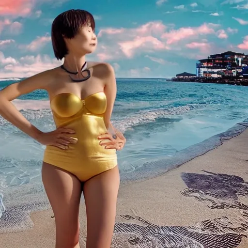 A Japanese S-shaped figure with a 43-inch long-legged big-breasted beauty, wearing a super golden three-point strapless silk bra, taking a photo at the seaside, Trippy, 3D,