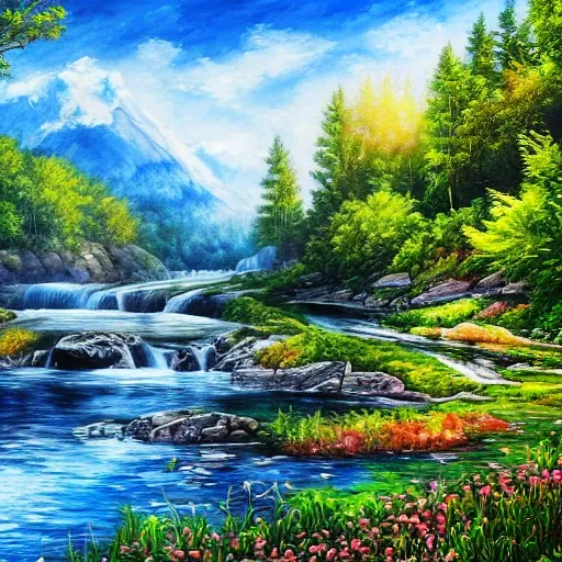 A realistic beautiful natural landscape, 4k resolution, hyper detailed, Oil Painting, Water Color