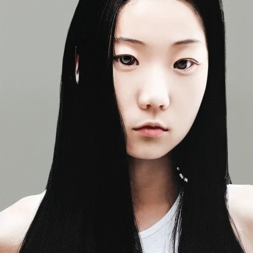 a woman with long black hair wearing a white top, inspired by Ma Yuanyu, hyperrealism, her hair is in a pony tail, wearing a low cut tanktop, face is brightly lit, with very thin lips