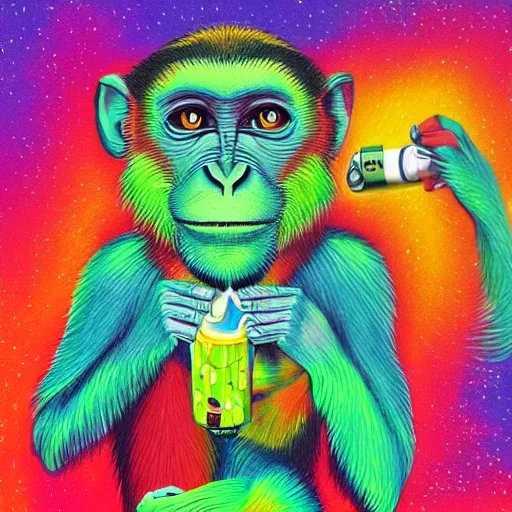 Monkey smoking weed, quirky smile, background DMT, hard beautiful colours art