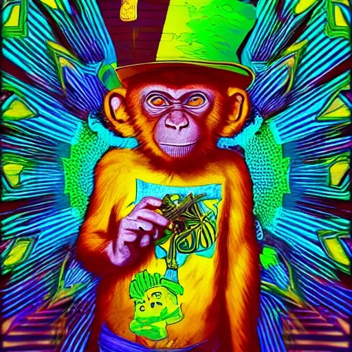Monkey smoking weed, quirky smile, background DMT, hard beautiful colours art, 3D, 3D, Trippy