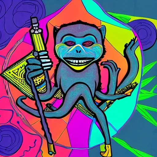 Monkey smoking weed, quirky smile, background DMT, hard beautiful colours art, 3D, 3D, Trippy, Trippy