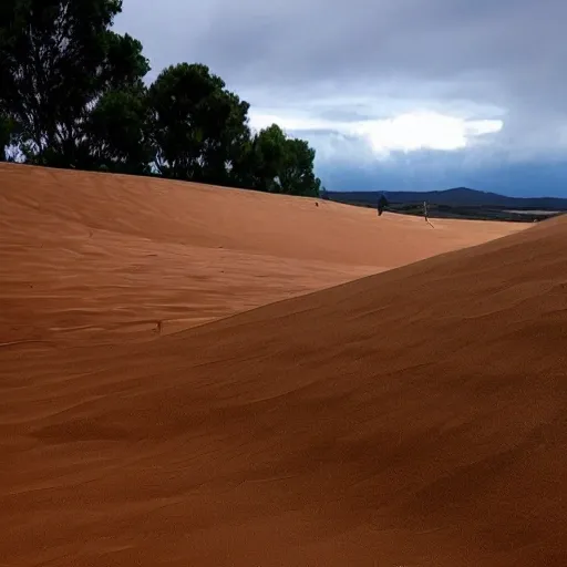 Crea un campo de hierba y arena como dunas, con vista al horizonte y una tormenta de arena acercándose y un grupo de 4 personas caminando y un pomerania