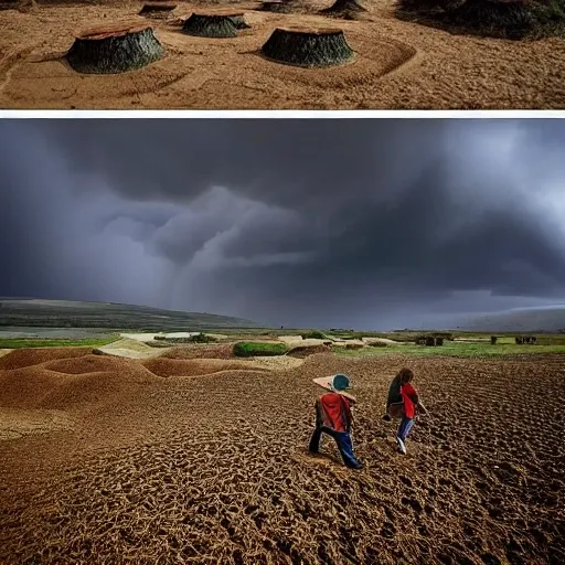 Crea un campo de hierba y arena como dunas, con vista al horizonte y una tormenta de arena acercándose y un grupo de 4 personas caminando y un perro de raza pomerania van hacia la tormenta de arena