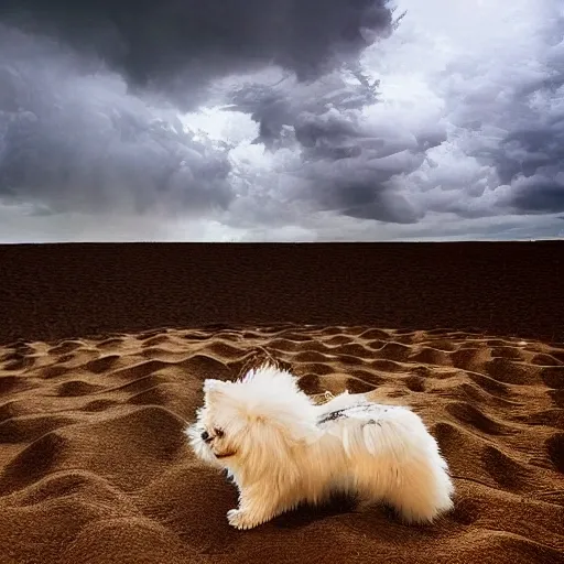 Crea un campo de hierba y arena como dunas, con vista al horizonte y una tormenta de arena acercándose y un grupo de 4 personas caminando y un perro de raza pomerania van hacia la tormenta de arena