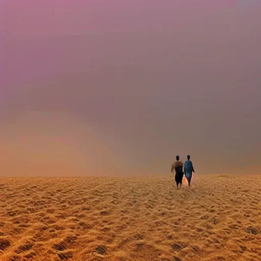 Creates a field of grass and sand like dunes, with a view to the horizon and a sandstorm is coming and a group of 4 people walking with a pomeranian dog going towards the sandstorm