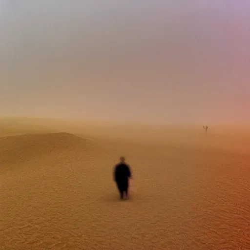 Creates a field of grass and sand like dunes, with a view to the horizon and a sandstorm is coming and a group of 4 people walking with a pomeranian dog going towards the sandstorm