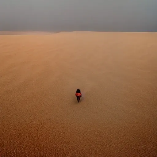 Creates a field of grass and sand like dunes, with a view to the horizon and a sandstorm is coming and a group of 4 people walking with a pomeranian dog going towards the sandstorm