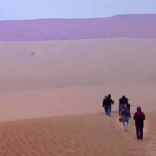 Creates a field of grass and sand like dunes, with a view to the horizon and a sandstorm is coming and a group of 4 people walking with a pomeranian dog going towards the sandstorm, Trippy