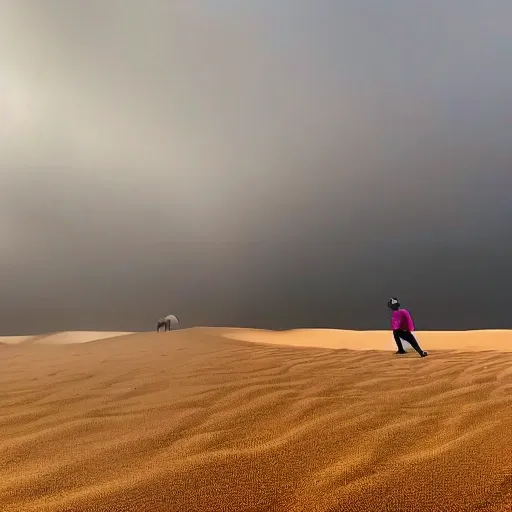 Creates a field of grass and sand like dunes, with a view to the horizon and a sandstorm is coming and a group of 4 people walking with a pomeranian dog going towards the sandstorm, Trippy